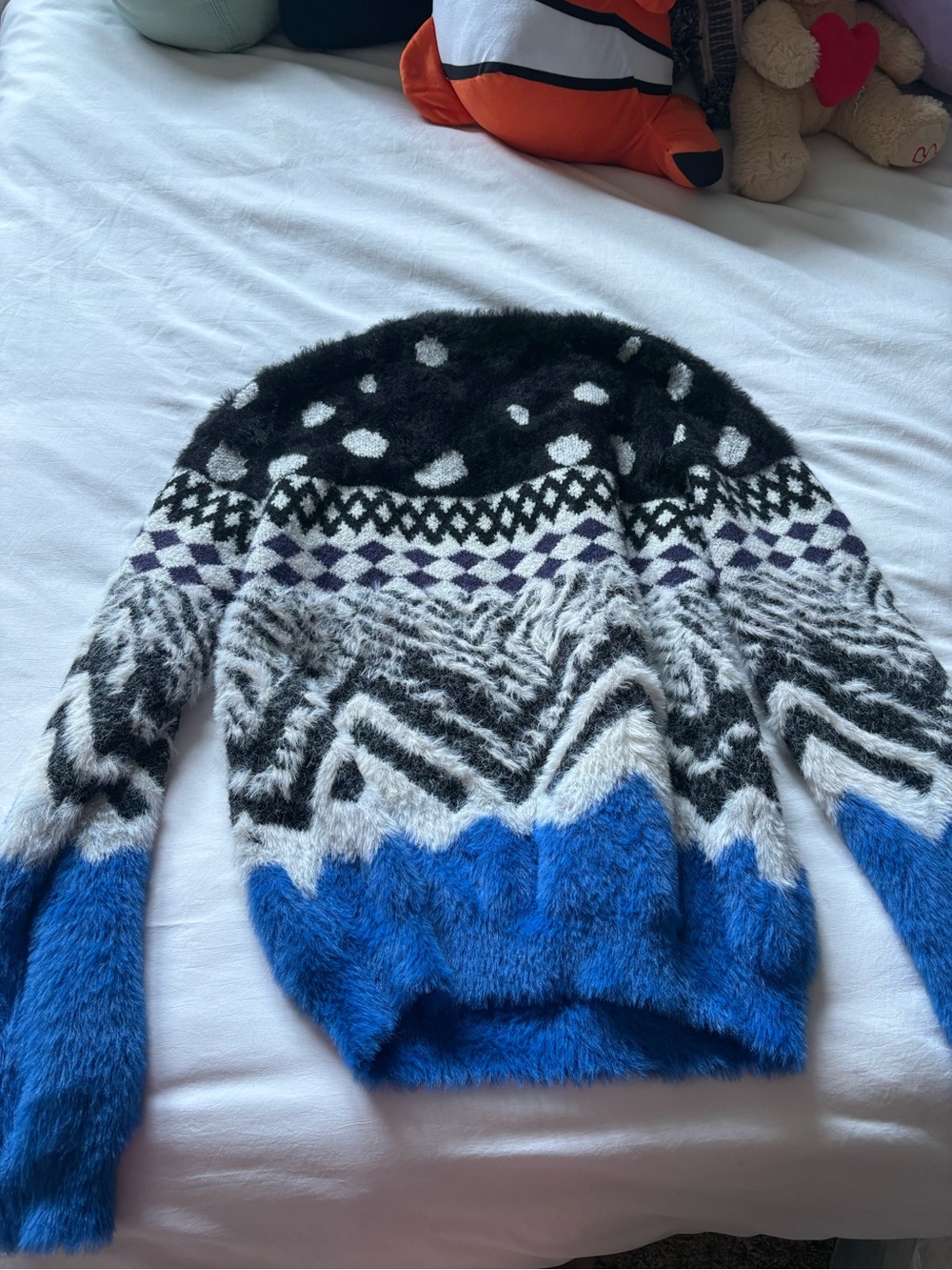 Desigual Fuzzy Geometric Crewneck Sweater in Blue, Black & White